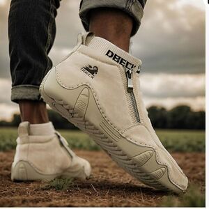 Dbeck Men's Casual Slip-On Bootie High Top Genuine Leather Zipper Boots Fashion